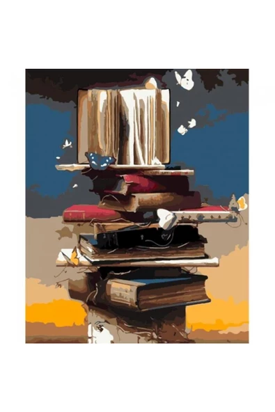 Canvas Kitap Kulesi Sayılarla Boyama  Seti  Kasnaklı 50 x 65 cm - 1
