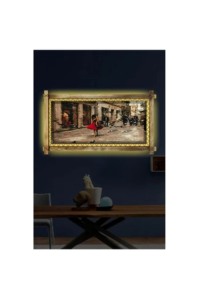 Kanvas Kırmızılı Kadın Led Işıklı Rustik Tablo 96 x 56 cm - 2