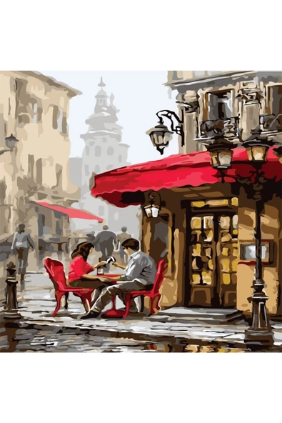 Canvas Köşedeki Kahveci Sayılarla Boyama Seti  Kasnaklı 70 x 90 cm ürün görseli 1