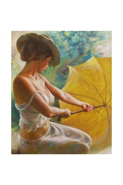 Canvas Sarı Şemsiyeli Güzel Sayılarla Boyama Seti  Kasnaklı 90 x 110 cm ürün görseli 1