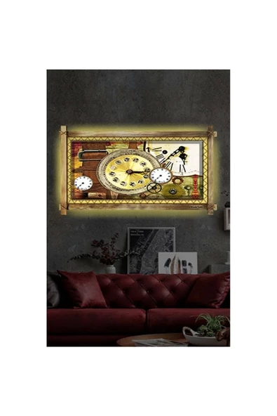 Kanvas Zaman Saat Led Işıklı Rustik Tablo - Resim 2