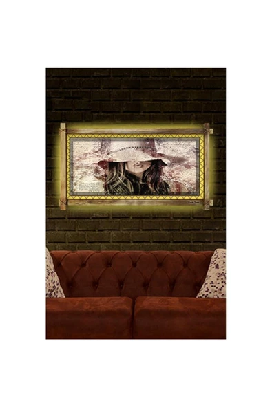 Kanvas Şapkalı Kadın Led Işıklı Rustik Tablo 66 x 45 cm - 2