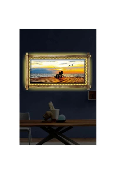 Defnada Kanvas Balık Tutma Led Işıklı Rustik Tablo - Resim 2