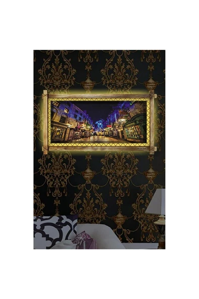 Kanvas Gece Sokak Işıklar Led Işıklı Rustik Tablo 96 x 66 cm - Resim 2