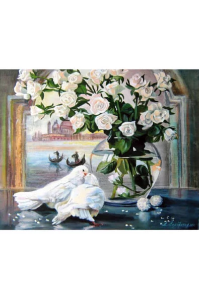 Canvas Güvercin Ve Çiçek Sayılarla Boyama Seti  Kasnaklı 50 x 65 cm
