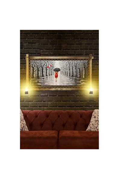 Kanvas Şemsiyeli Kadın Rustik Lambalı Tablo 66 x 45 cm - Resim 2