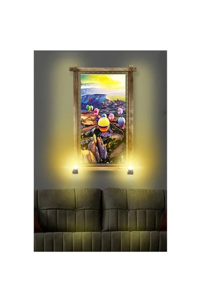 Kanvas Kapadokya Uçan Balon Rustik Lambalı Tablo - Resim 2