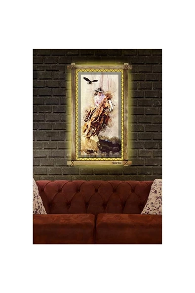 Kanvas Atlı Kız Led Işıklı Rustik Tablo - Resim 2