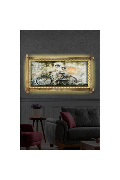 Kanvas Bisikletli Çocuk Led Işıklı Rustik Tablo 66 x 45 cm - Resim 2