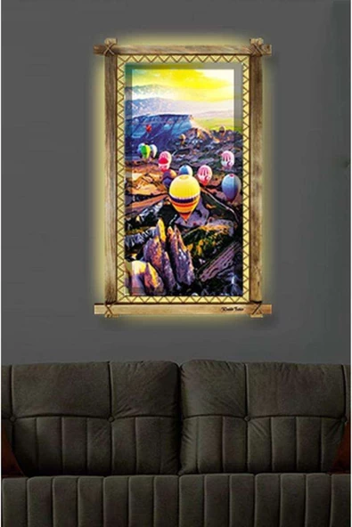 Kanvas Kapadokya Uçan Balon Led Işıklı Rustik Tablo 96 X 66 Cm