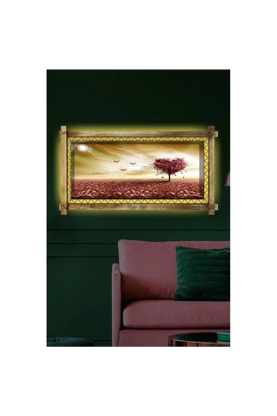 Kanvas Kalp Ağaç Led Işıklı Rustik Tablo 96 x 66 cm - Resim 2