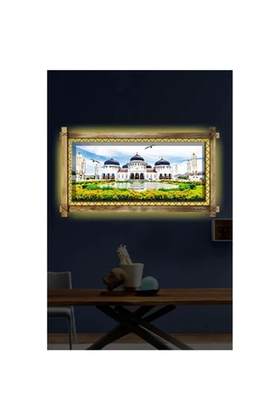 Kanvas Beyaz Camii Led Işıklı Rustik Tablo - Resim 2