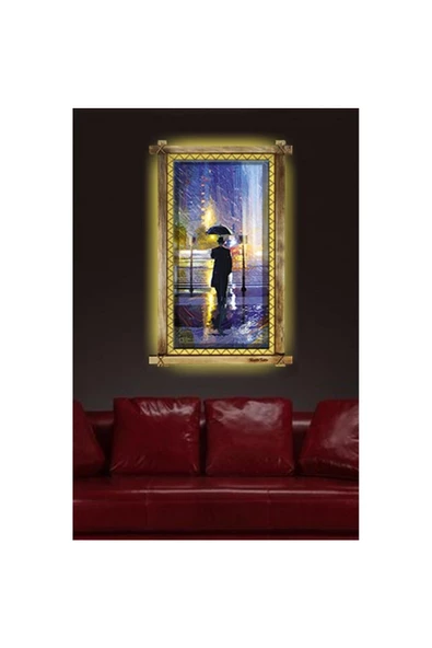 Kanvas Şemsiyeli Adam Led Işıklı Rustik Tablo 66 x 45 cm - Resim 2