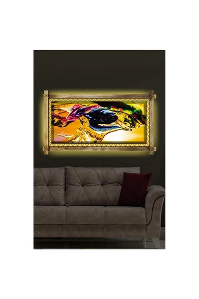 Kanvas Sarı Soyut Led Işıklı Rustik Tablo - Resim 3