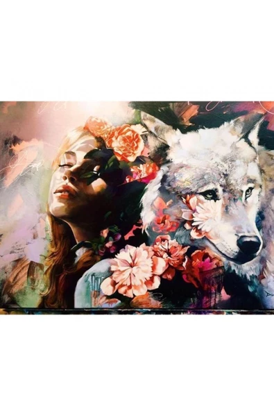 Canvas Kadın ve Kurt Sevgisi Sayılarla Boyama Seti  Kasnaklı 50 x 65 cm