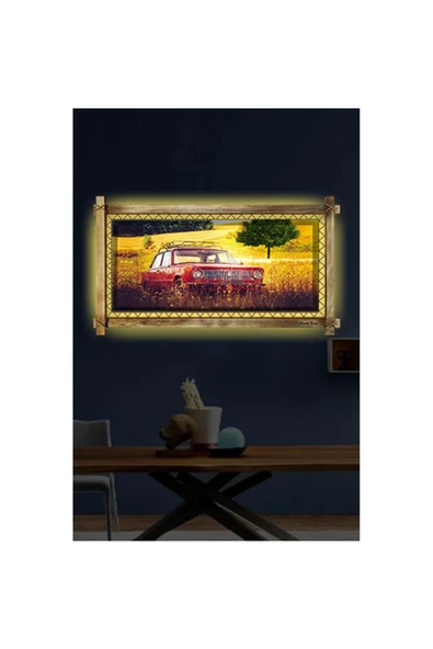 Kanvas Kırmızı Antika Araba Led Işıklı Rustik Tablo 66 x 45 cm - 2