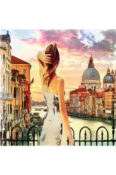 Canvas Manzaraya Bakan Kadın Sayılarla Boyama Seti  Kasnaklı 100 x 140 cm ürün görseli 1
