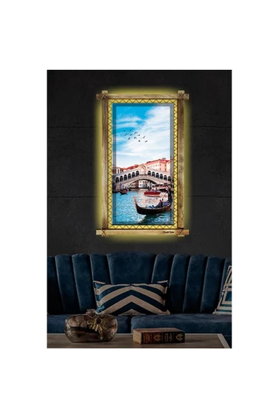 Kanvas Venedik Kayık Led Işıklı Rustik Tablo 66 x 45 cm - Resim 2