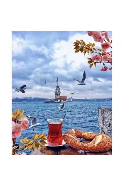 Canvas Üsküdar da Çay Simit Sayılarla Boyama Seti Kasnaklı 60 x 75 cm