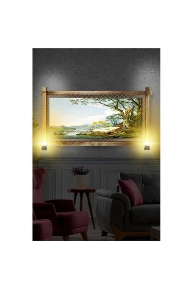 Kanvas Nehir Orman Rustik Lambalı Tablo - Resim 2