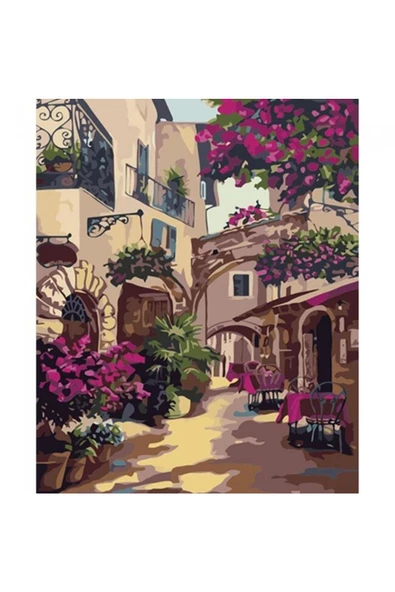 Canvas Sokak Arasındaki Restoran Sayılarla Boyama  Seti  Kasnaklı 100 x 140 cm ürün görseli 1