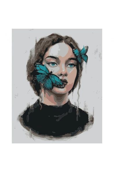 Canvas Kadın Kelebek Sayılarla Boyama  Seti  Kasnaklı 50 x 65 cm ürün görseli 1