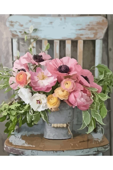 Canvas Sandalyedeki Çiçekler Sayılarla Boyama Seti Kasnaklı 50 x 65 cm ürün görseli