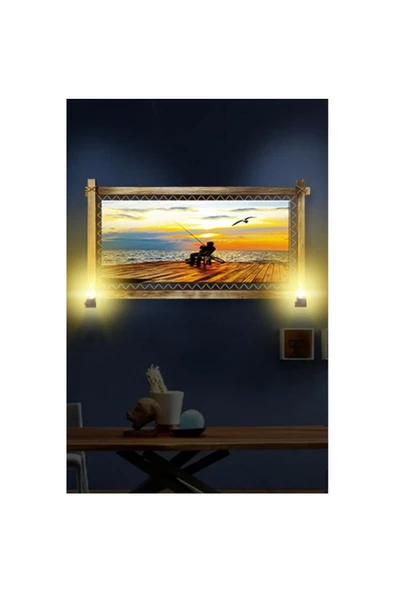 Kanvas Balık Tutma Rustik Lambalı Tablo 66 x 45 cm - Resim 2