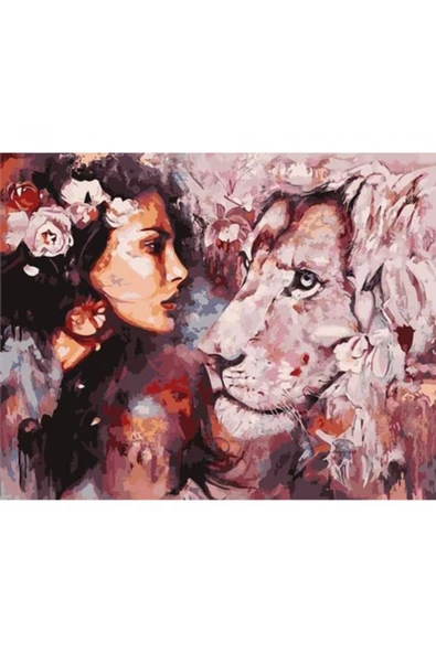Canvas Kadın ve Aslan Sevgisi Sayılarla Boyama Seti  Kasnaklı 50 x 65 cm