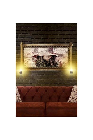 Kanvas Şapkalı Kadın Rustik Lambalı Tablo - Resim 2
