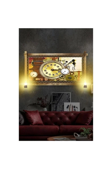 Kanvas Zaman Saat Rustik Lambalı Tablo - Resim 2
