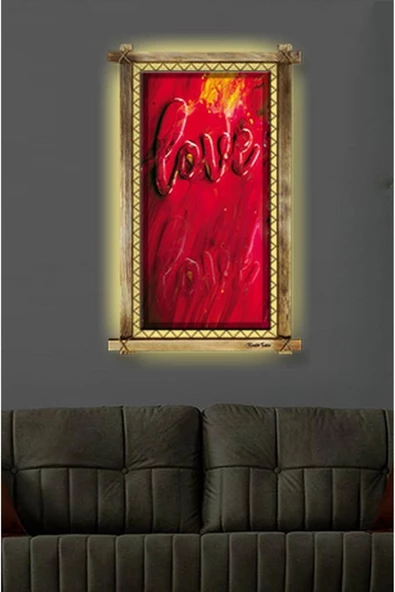 Birinci Sınıf Kanvas Love Led Işıklı Rustik Tablo 96 X 66 Cm
