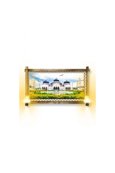 Kanvas Beyaz Camii Rustik Lambalı Tablo 96 x 66 cm