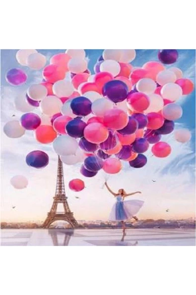 Canvas Eyfel Kulesi,Kadın Ve Romantik Balonlar Sayılarla Boyama Seti   Kasnaklı 50 x 65 cm ürün görseli 1