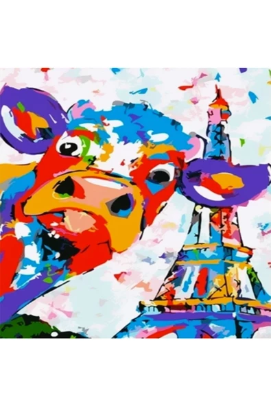 Canvas Eyfeldeki Sevimli İnek Sayılarla Boyama Seti   Kasnaklı 70 x 90 cm