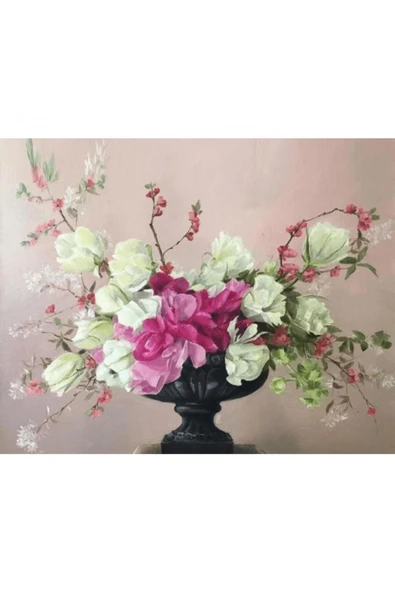 Canvas Siyah Vazodaki Çiçekler Sayılarla Boyama Seti  Kasnaklı 60 x 75 cm
