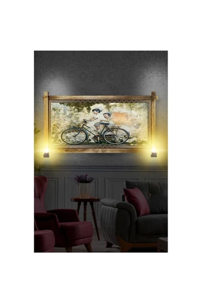 Kanvas Bisikletli Çocuk Rustik Lambalı Tablo - Resim 2