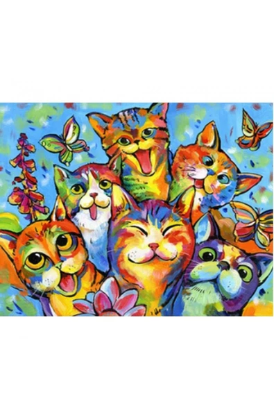 Canvas Gülen Kediler Sayılarla Boyama Seti  Kasnaklı 60 x 75 cm ürün görseli 1
