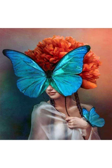 Canvas Mavi Kelebek Ve Kadın Sayılarla Boyama Seti Kasnaklı 100 X 140 Cm ürün görseli 1
