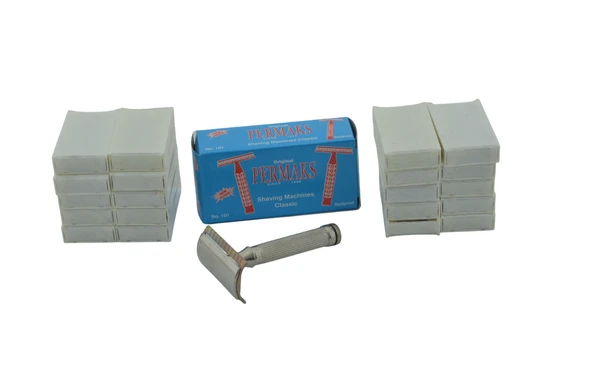 PERMAKS Paslanmaz No.101 Klasik Tıraş Makinesi+100 Adet (5x20) Tam Jilet - 2