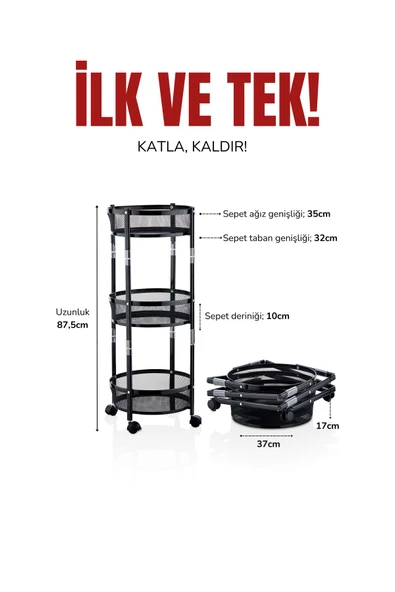 3 Katlı Pratik Katlanır Metal Siyah Renk Tekerlekli Çok Amaçlı Sepet