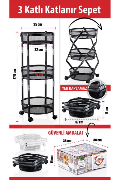 3 Katlı Pratik Katlanır Metal Siyah Renk Tekerlekli Çok Amaçlı Sepet - 2