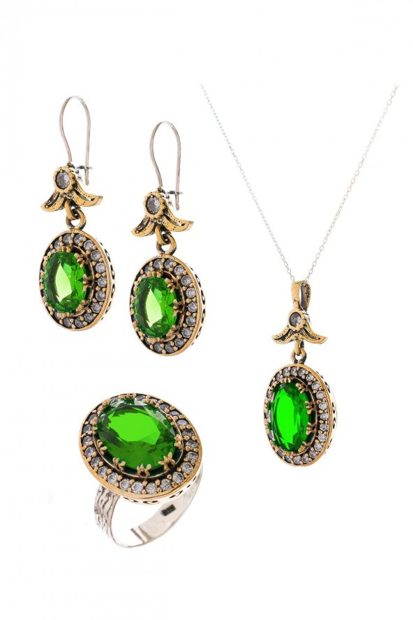 Gümüş Yeşim Taşlı Üçlü Otantik Bayan Set Takı