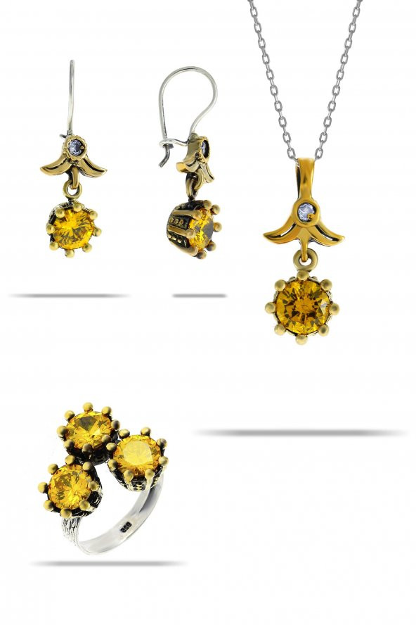 Söğütlü Serisi Sarı Renkli  Sitrin Taşlı Otantik Gümüş Üçlü Set Takı - 6
