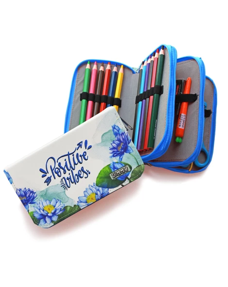 Kalem Kutusu Lotus Positive Vibes Kawai Organizer Kalemkutu Vegan Deri Üç Bölmeli Kalemlik Mavi - 3