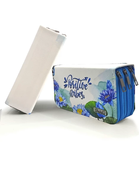 Kalem Kutusu Lotus Positive Vibes Kawai Organizer Kalemkutu Vegan Deri Üç Bölmeli Kalemlik Mavi - 2
