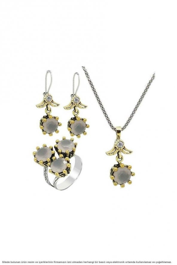 Söğütlü Serisi Pembe Kuvars Taşlı Otantik Gümüş Üçlü Set Takı - 5