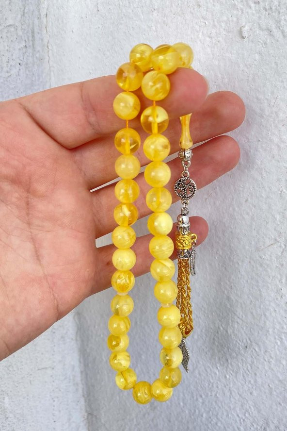 Küre Kesim Polonya Baltık Damla Kehribar Benzetmesi Beyrut Sıkma Tesbih Gümüş Renkli Metal Püsküllü - 2