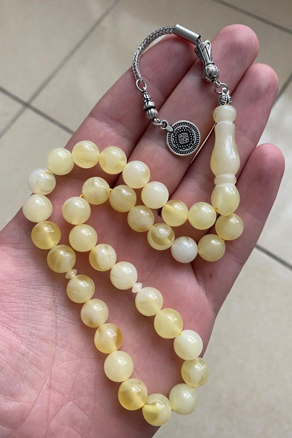 Küre Kesim Polonya Baltık Damla Kehribar Benzetmesi Beyrut Sıkma Tesbih Gümüş Renkli Metal Püsküllü - 5