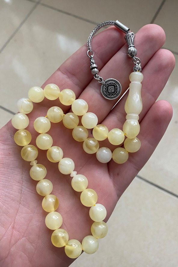 Küre Kesim Polonya Baltık Damla Kehribar Benzetmesi Beyrut Sıkma Tesbih Gümüş Renkli Metal Püsküllü - 7